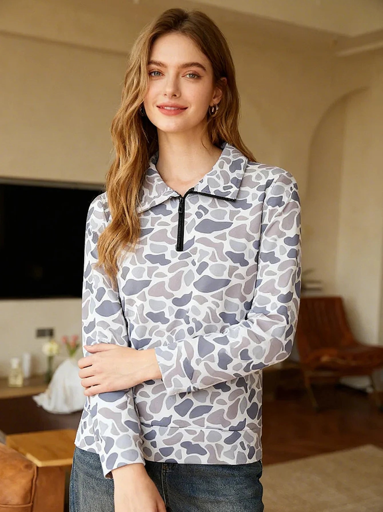 Purple Camo Shirt for Women Polo Shirts Y2K Quarter Zip Camo Hoodie Inner Pullover Top