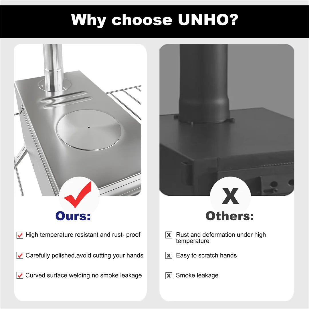 Hot Tent Stove, unho Wood Burning Stove, Portable Wood Stove with 6 Stainless Chimney Pipes for Outdoor Heating & Cooking