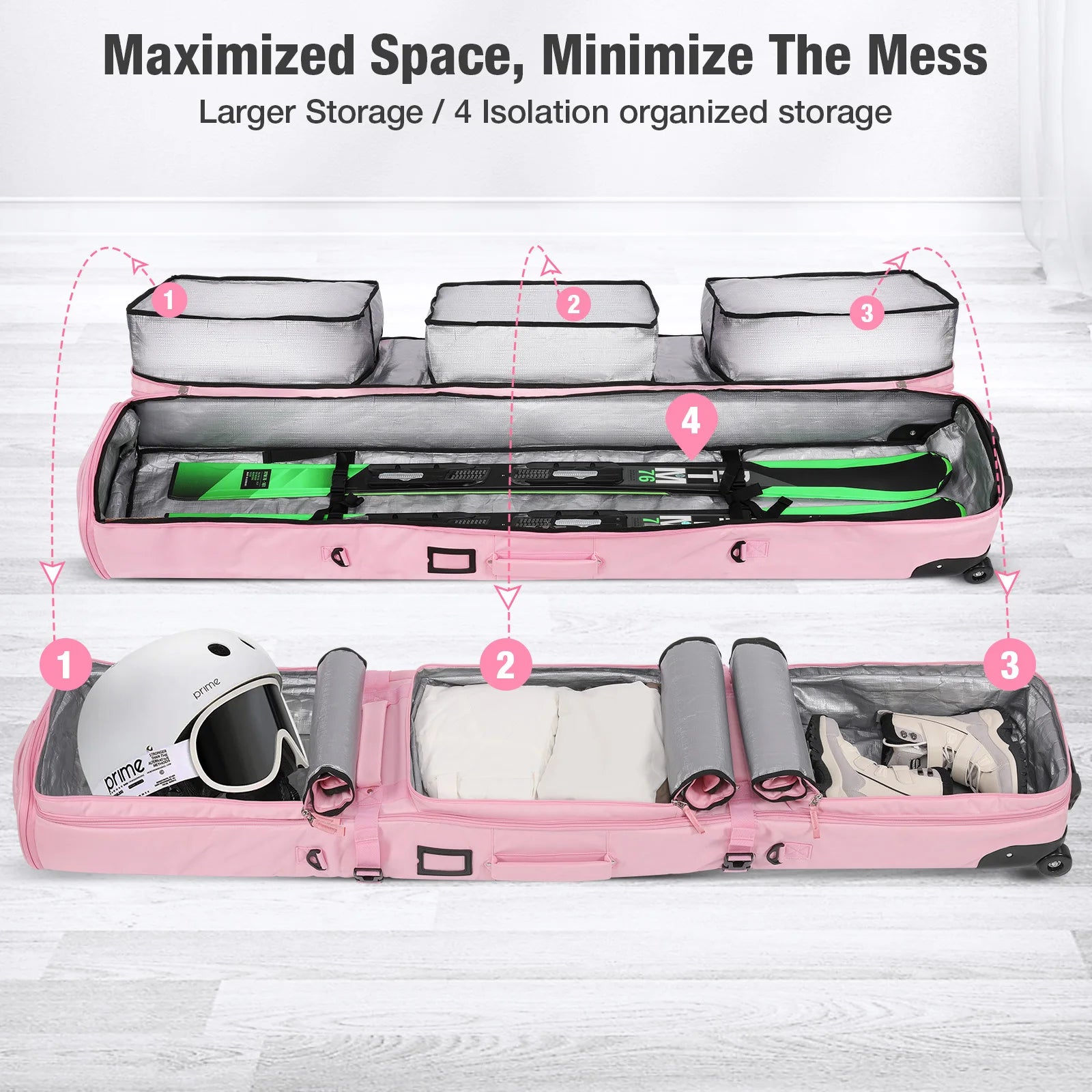 Pink/Black Skiing Bags with Rolling Wheel Padded Waterproof polyester 3 Separation Storage Adjustable Length