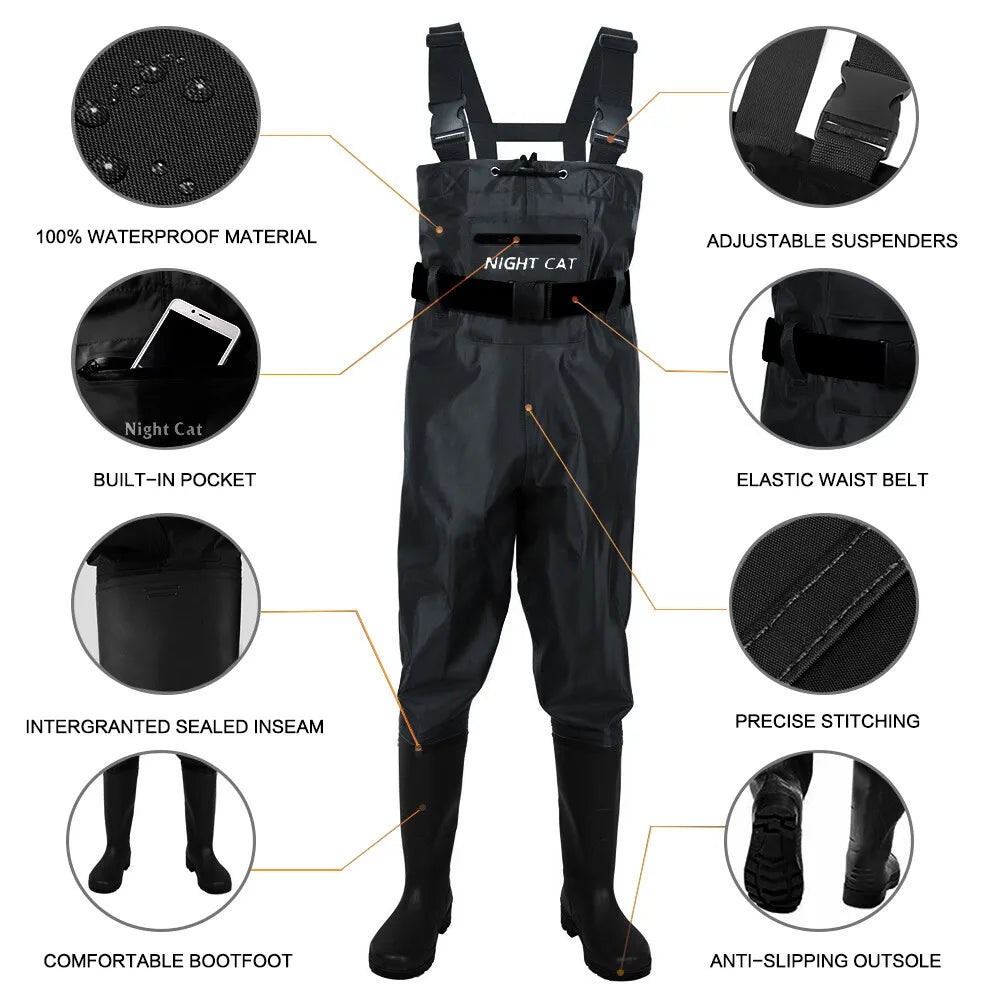 Men Women Waterproof Nylon PVC Waders Heavy Duty Chest Waders with Boots for Fishing Hunting Farm Work Anti-Slip Sole Adjustable