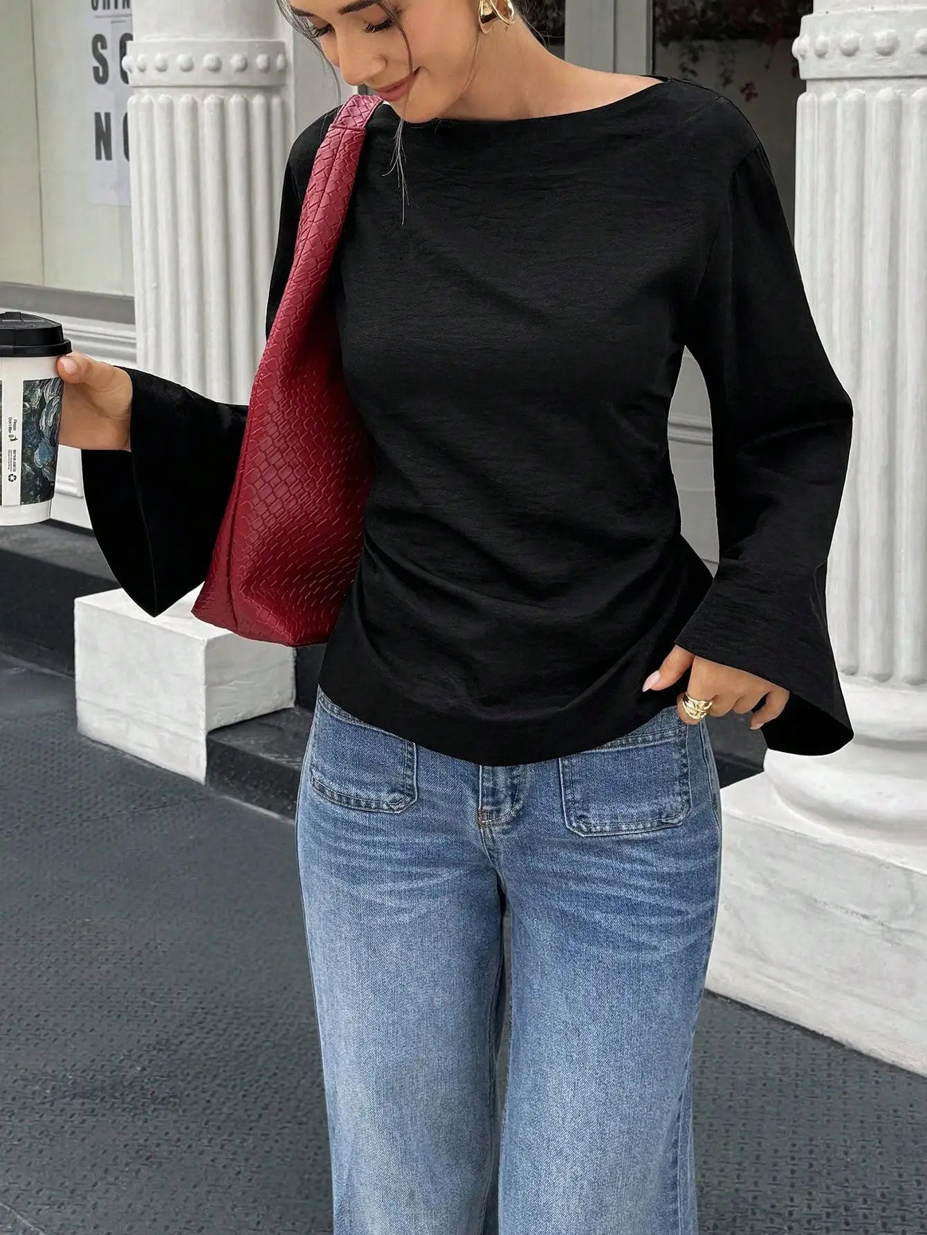 Women's Solid Black Waist-Cinched Flare Sleeve Blouse for Autumn