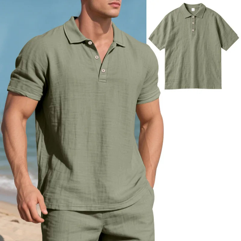 Men s Casual Short Sleeve Linen Shirt with Lapel Collar and Button Detail - Lightweight