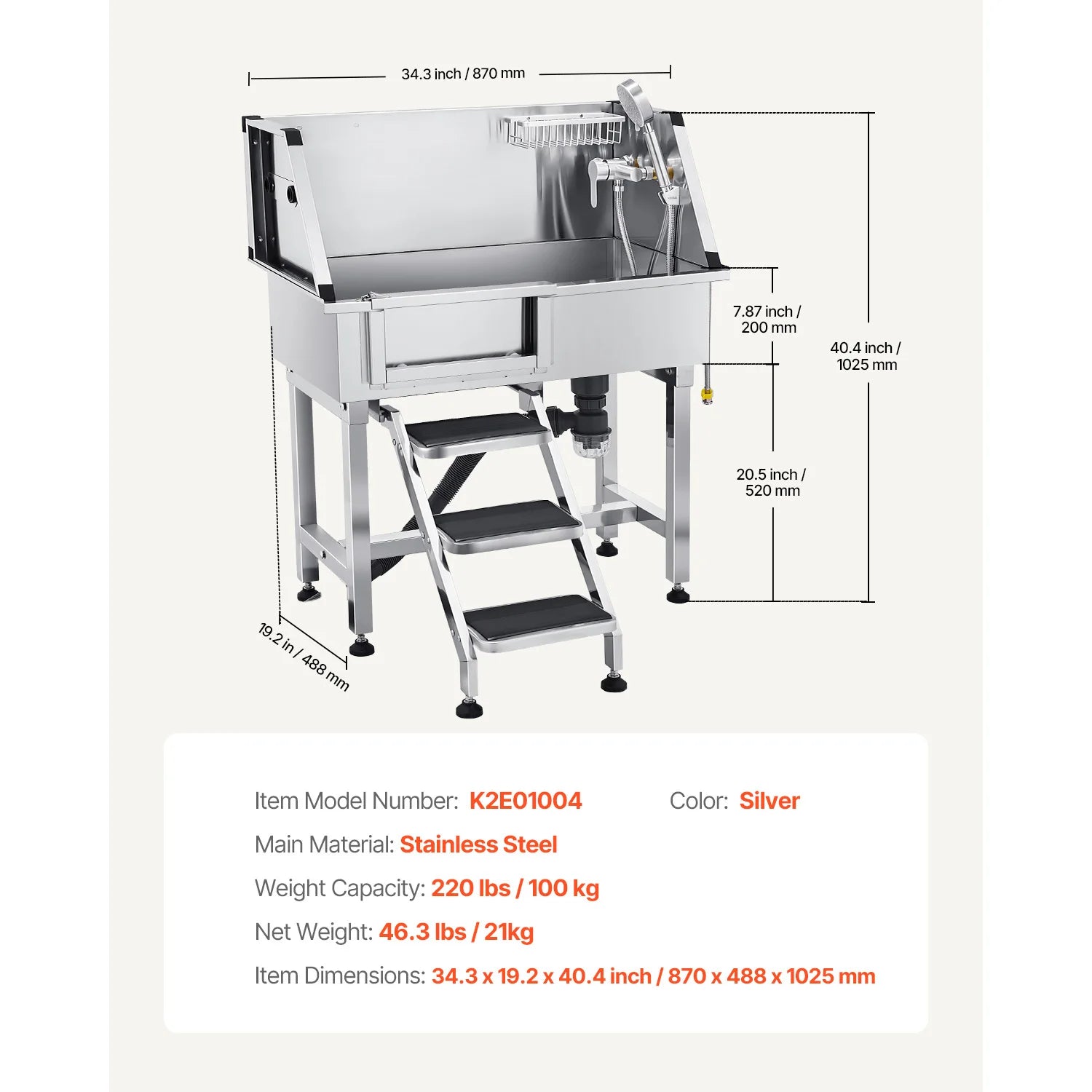 SucceBuy Stainless Steel Dog 34inch Pet Grooming Tub w/ Storage Stairs Faucet&Showerhead&Soap