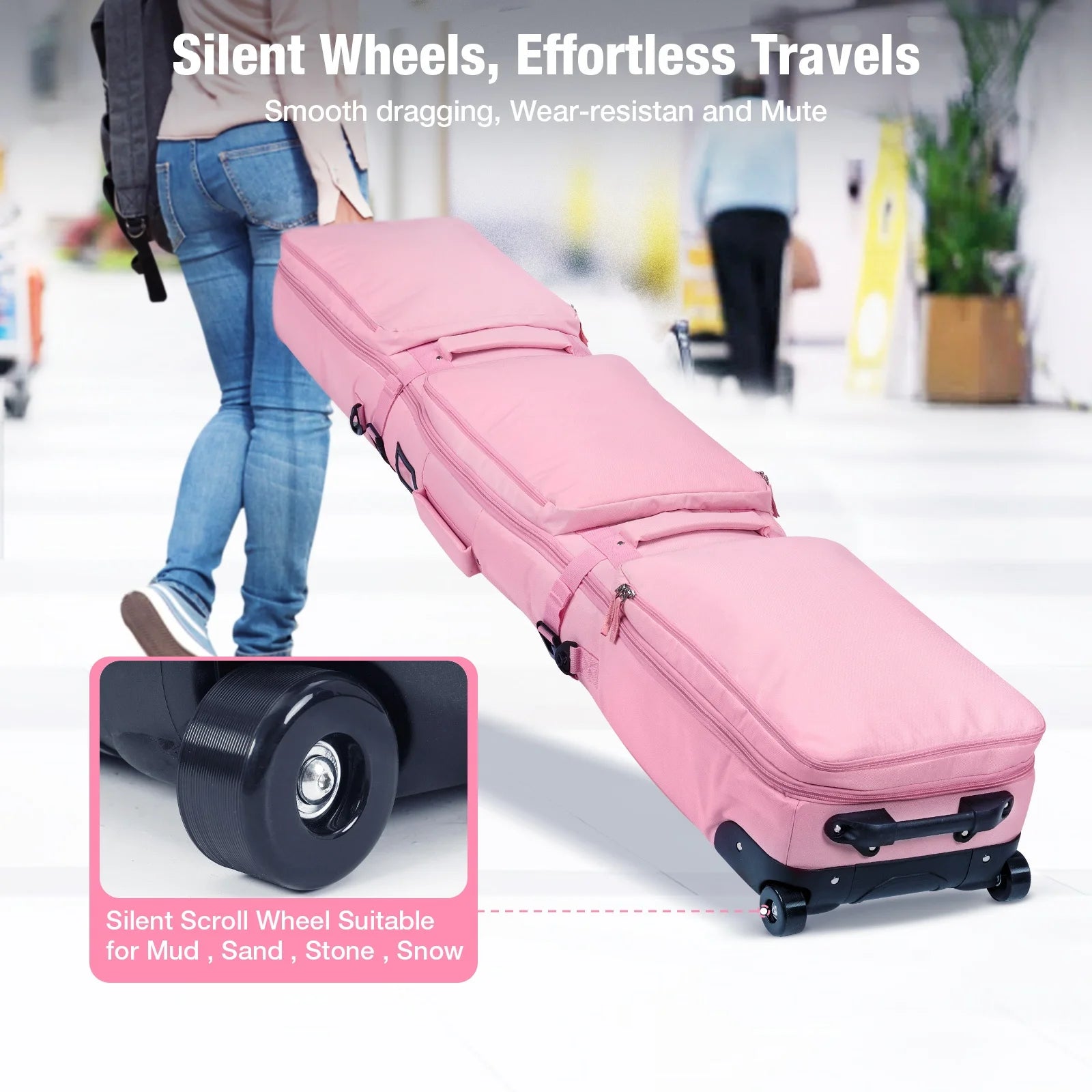 Pink/Black Skiing Bags with Rolling Wheel Padded Waterproof polyester 3 Separation Storage Adjustable Length