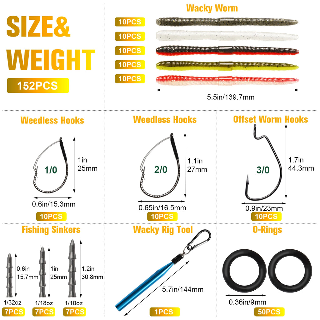 152Pcs Wacky Worm Kit for Bass Trout Fishing - Soft Plastic Baits, Bass Hooks,Weedless Jig Head, Wacky Rig Tool, O-Rings, Weight