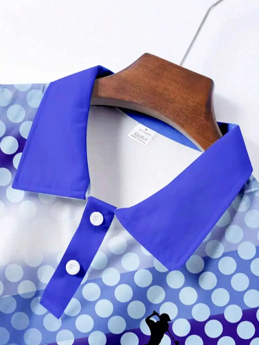 Men's Blue Gradient Polka Dot Golf Polo Shirt, Short Sleeve, Casual Sportswear