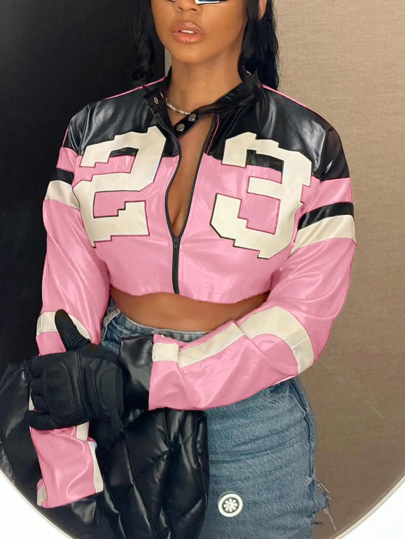 2025 Women's Faux Leather Jacket Zipper Bomber Jacket Edgy Motorcycle Style Party Tops Casual