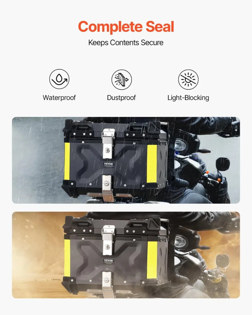 55L Universal Motorcycle Top Box, Waterproof Aluminum Alloy Tail Trunk with Lock & Back Cushion