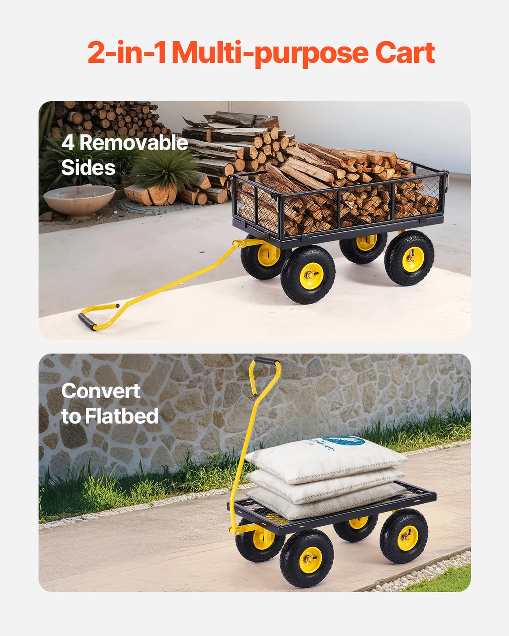 Steel Garden Cart Pullable on Wheels Mesh Removable Sides and Rotating Handle