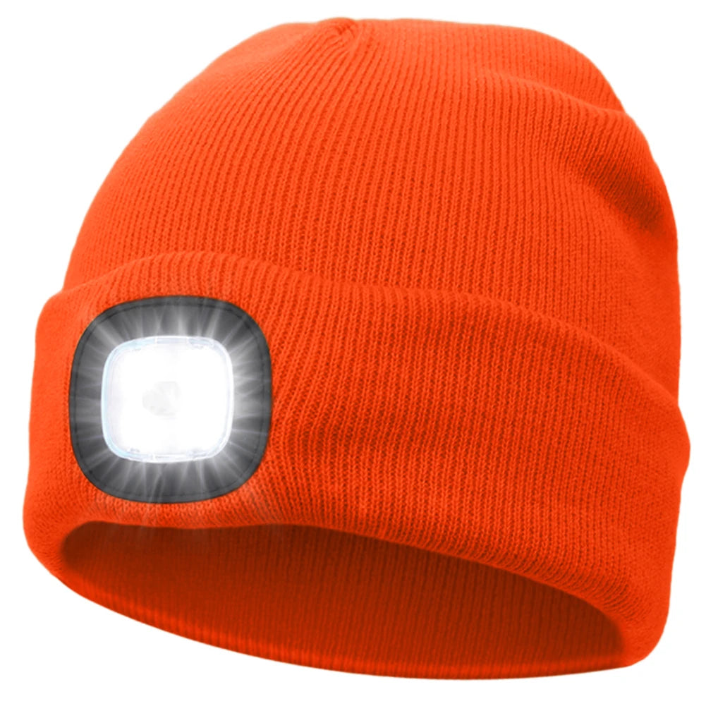 Winter Warm Knit Beanie 8 Hours High Powered Light 4 LED, USB Rechargeable Hands Free Headlamp Cap