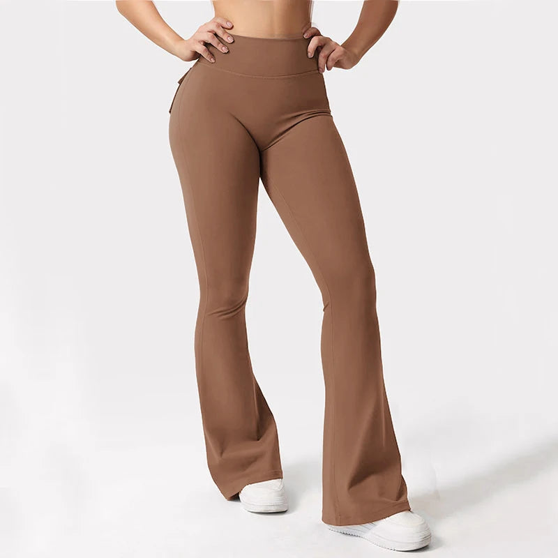 Women's Yoga Flare Trousers, High-Waisted Tummy-Control Wide-Leg Trousers Outdoor with Pockets
