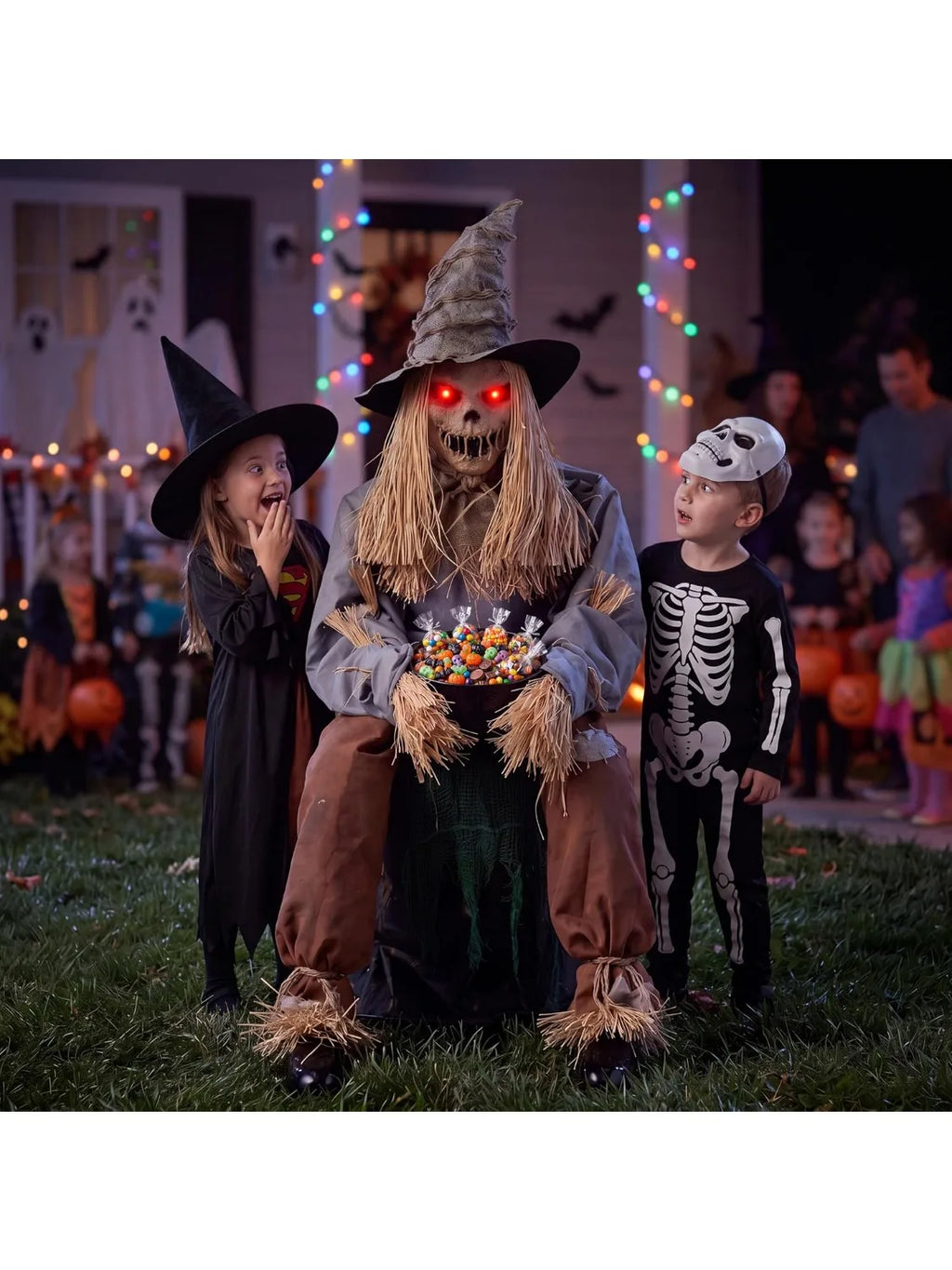 49" Halloween Animatronic Sitting Scarecrow, Halloween Sound Activated Jump Scare Prop with LED Eyes, Spooky Sounds