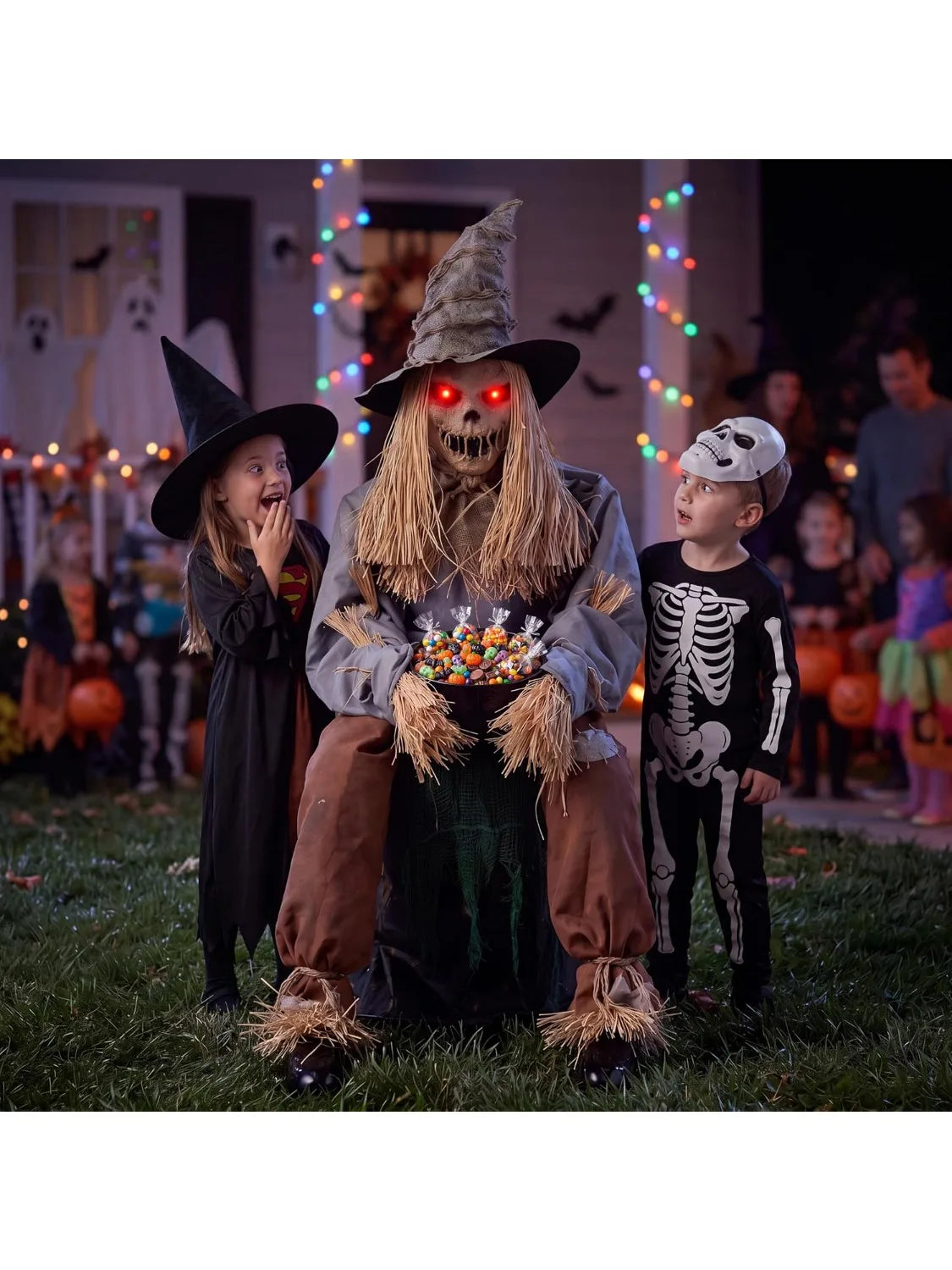 49" Halloween Animatronic Sitting Scarecrow, Halloween Sound Activated Jump Scare Prop with LED Eyes, Spooky Sounds