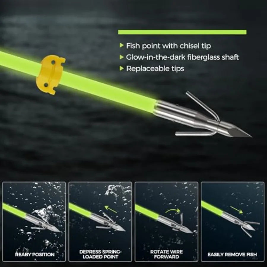 6 Pack 32 inch Bowfishing Arrows Luminous with Broadheads and Safety Slides for Compound