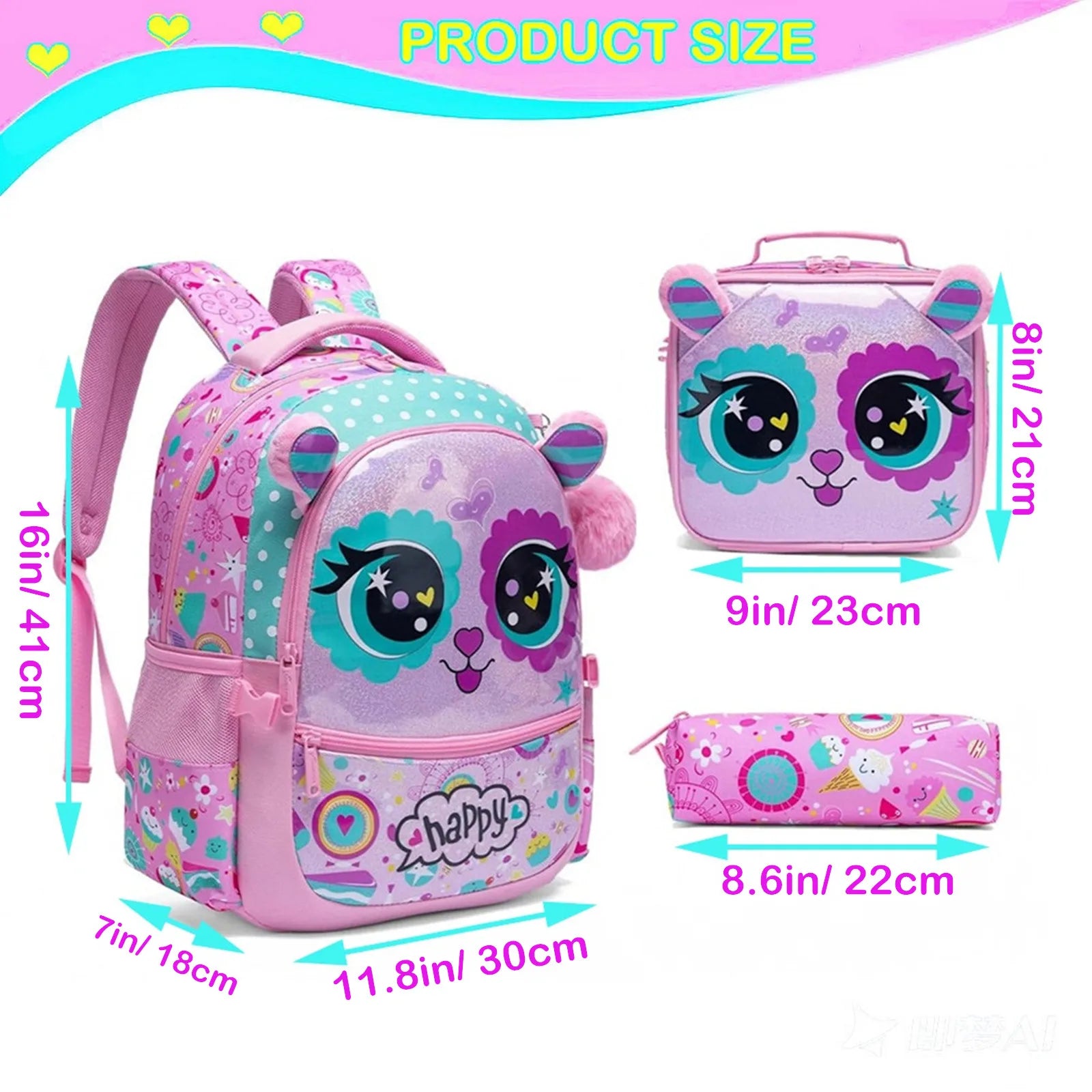 3PCS School Backpack for Kids Cute Animal Print Backpack with Lunch Bag Large Capacity Lightweight Bookbag