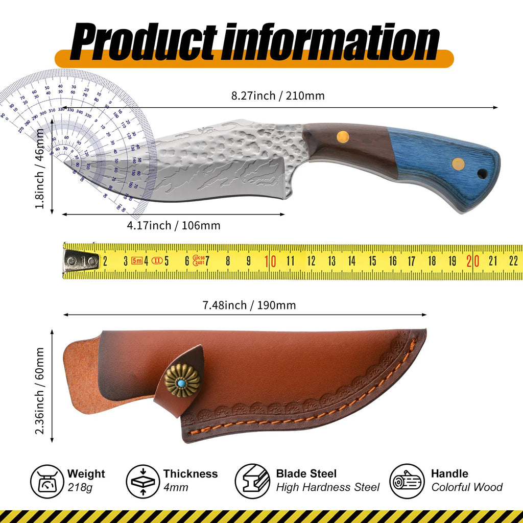 Damascus advanced straight knife, wooden handle and leather scabbard, fast cutting