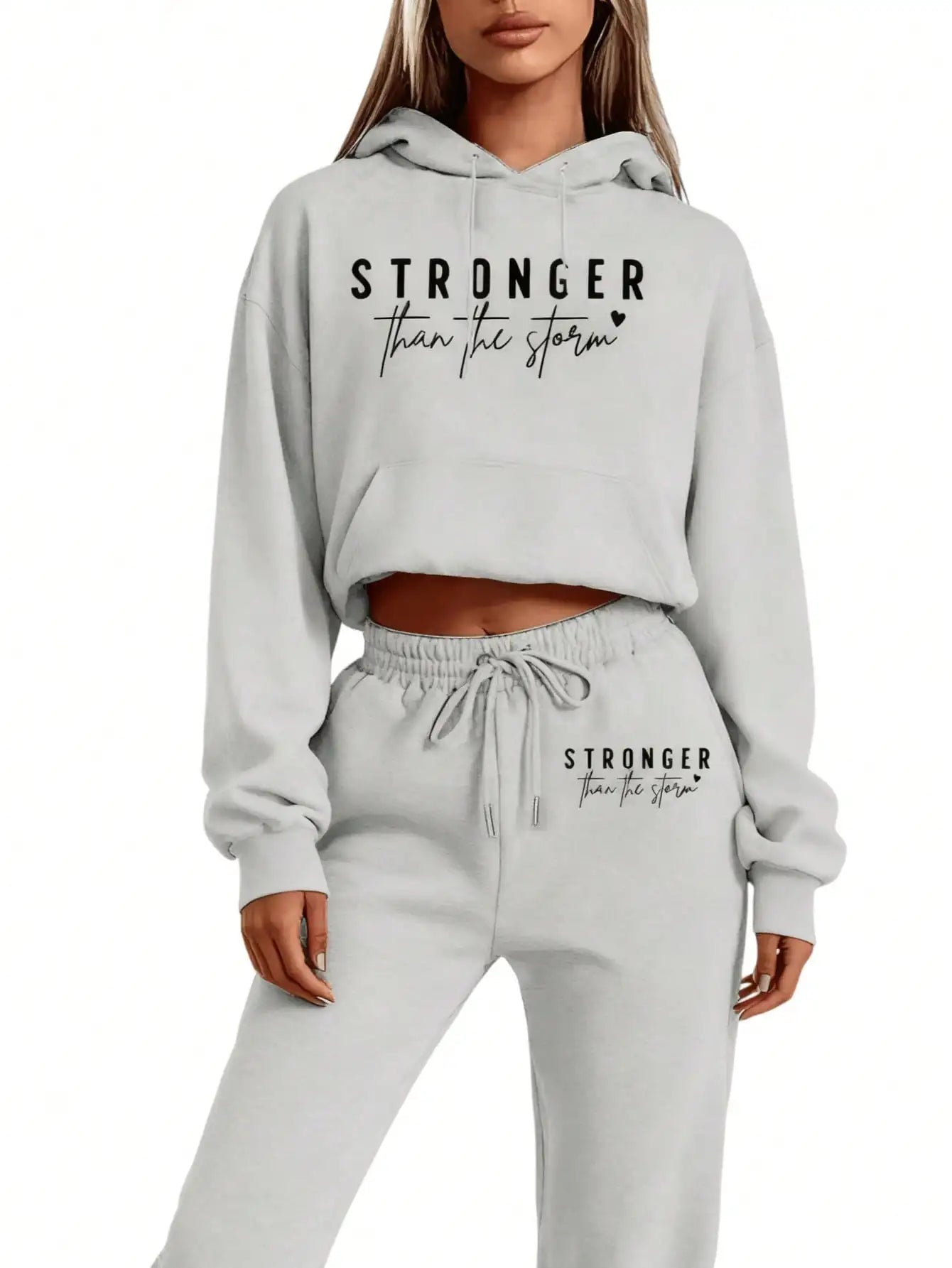 LC Women's Casual- 'Stronger Than The Storm' Letter Print Hoodie, White, Loose Fit With Pockets,