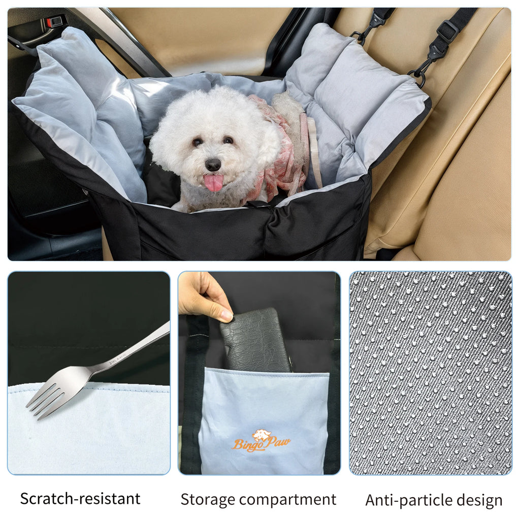 Dog Car Seat Safe & Cozy Travel Bed and Carrier Puppies, Pets up to 10 KG, Clip-On Leash & Storage Pockets