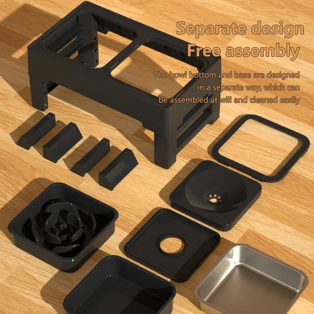 Elevated Dog Food Slow Feeder 4 Adjustable Heights Raised with Stainless Steel Bowls Anti Slip Dog Water Bowl