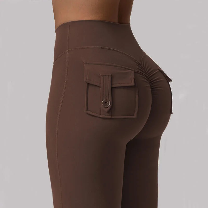 Women's Yoga Flare Trousers, High-Waisted Tummy-Control Wide-Leg Trousers Outdoor with Pockets