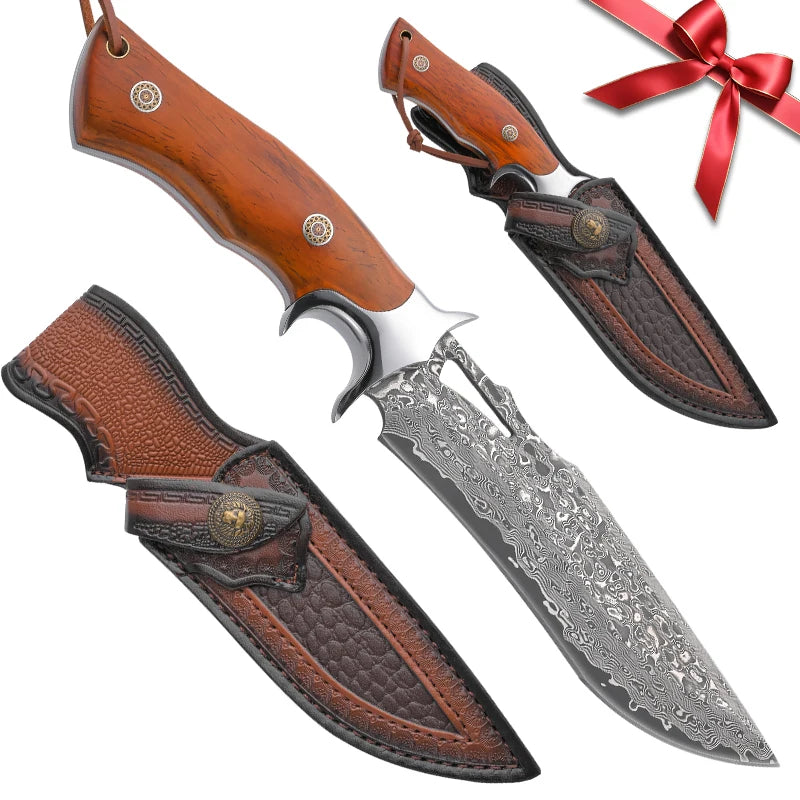 Damascus advanced straight knife, wooden handle and leather scabbard, fast cutting