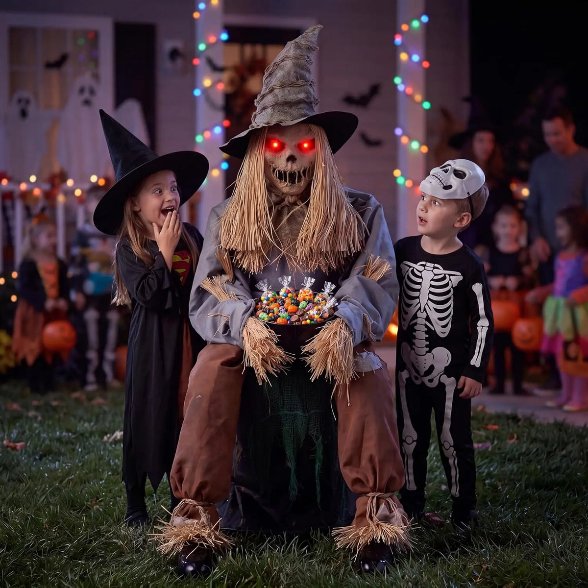 49" Halloween Animatronic Sitting Scarecrow, Halloween Sound Activated Jump Scare Prop with LED Eyes, Spooky Sounds