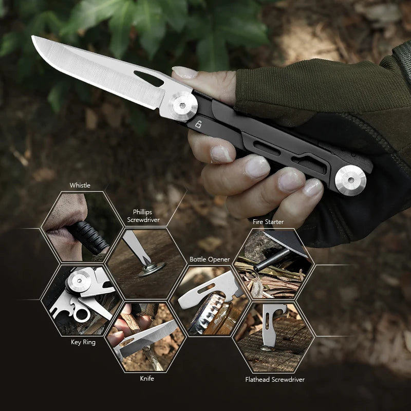 EDC Tactical Folding Pocket Knife Multi-tool Survival with can opener Screwdriver sheath