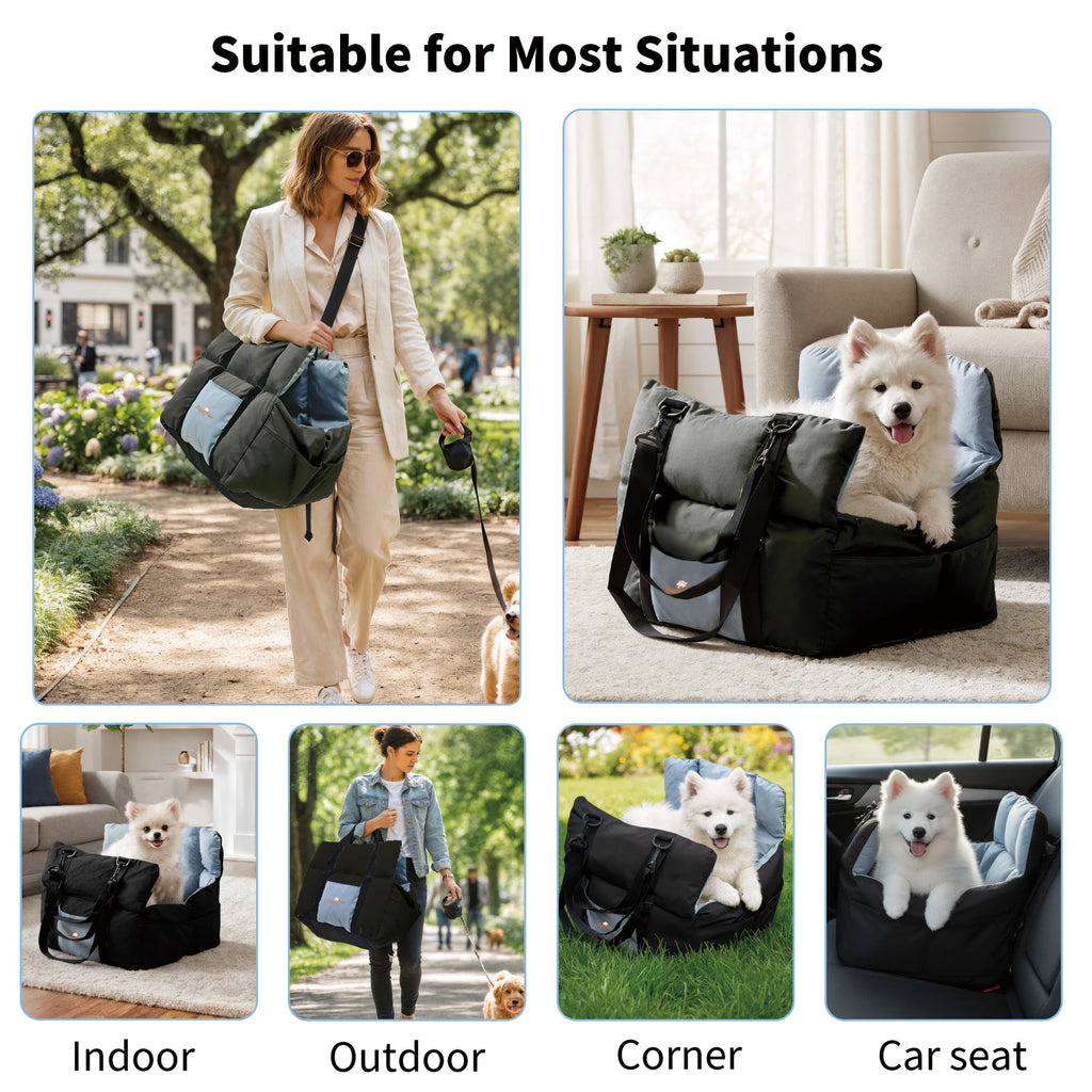 Dog Car Seat Safe & Cozy Travel Bed and Carrier Puppies, Pets up to 10 KG, Clip-On Leash & Storage Pockets