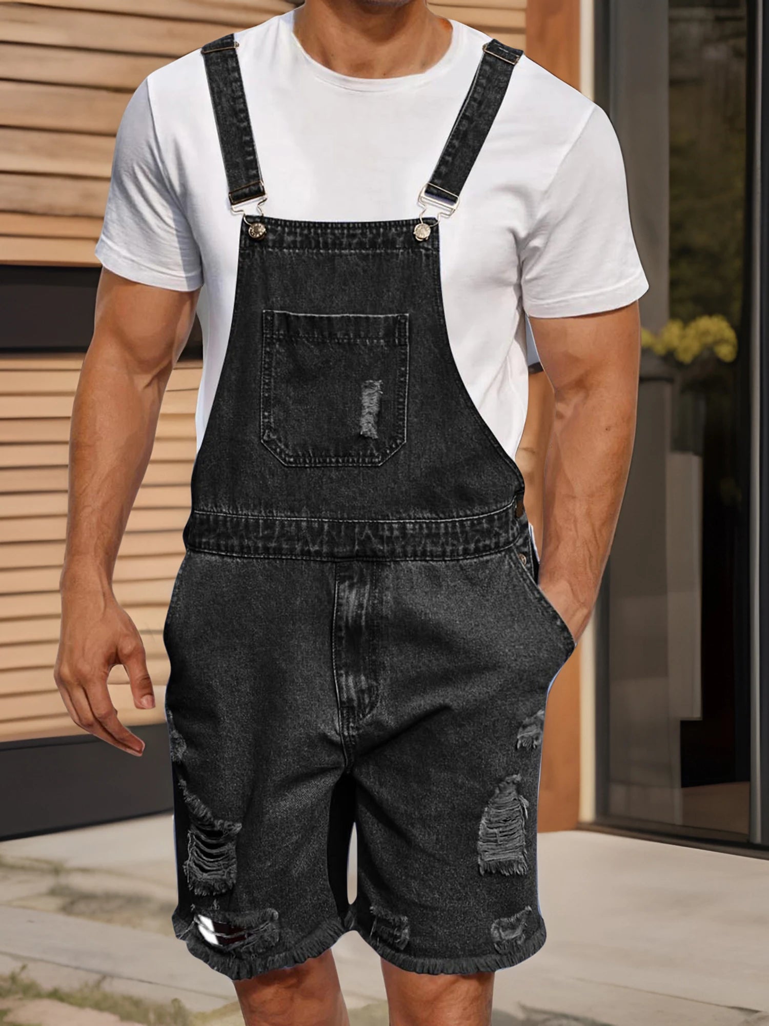 Men s Distressed Denim Overall Shorts Sleeveless Solid Color Loose Fit Jumpsuit