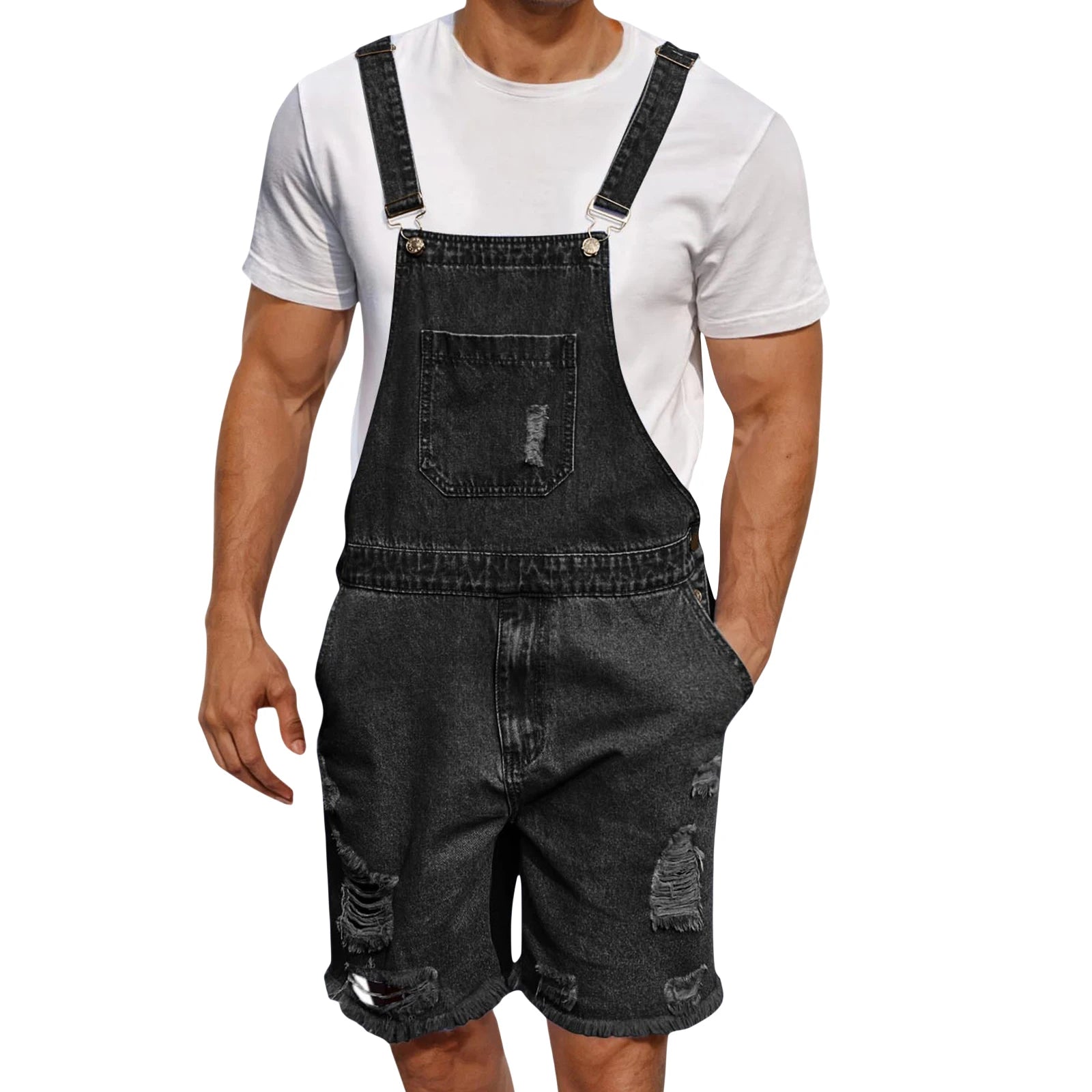 Men s Distressed Denim Overall Shorts Sleeveless Solid Color Loose Fit Jumpsuit
