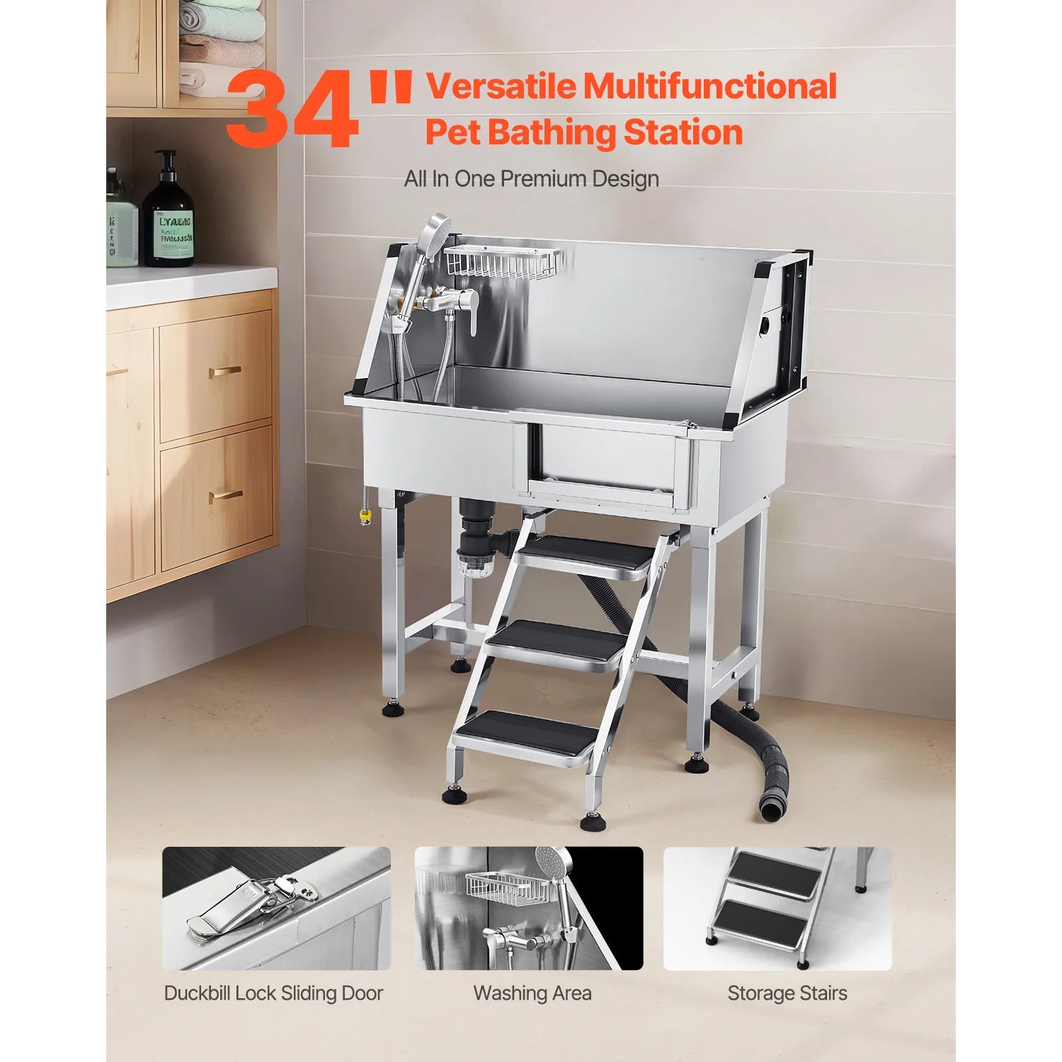 SucceBuy Stainless Steel Dog 34inch Pet Grooming Tub w/ Storage Stairs Faucet&Showerhead&Soap