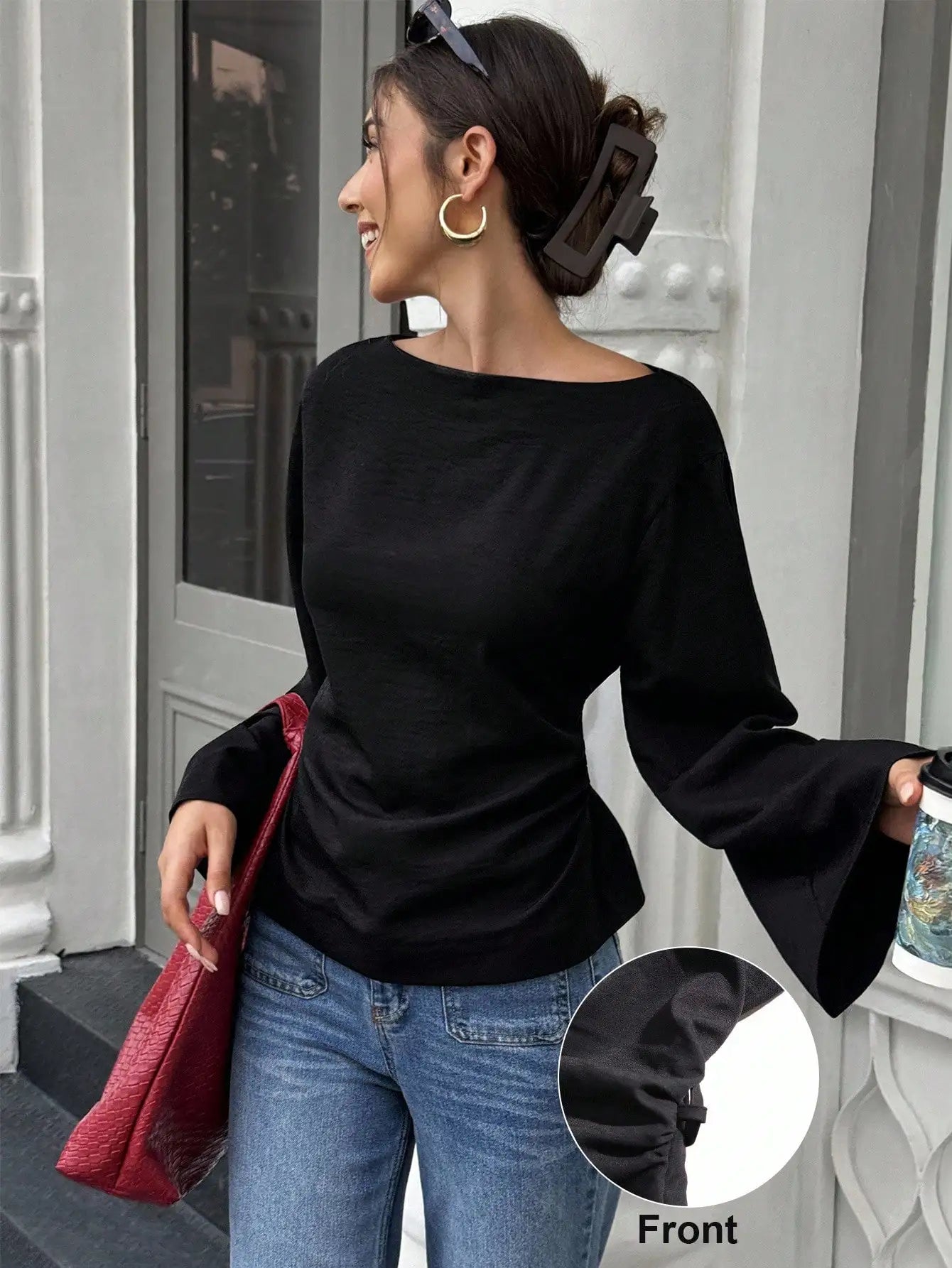 Women's Solid Black Waist-Cinched Flare Sleeve Blouse for Autumn
