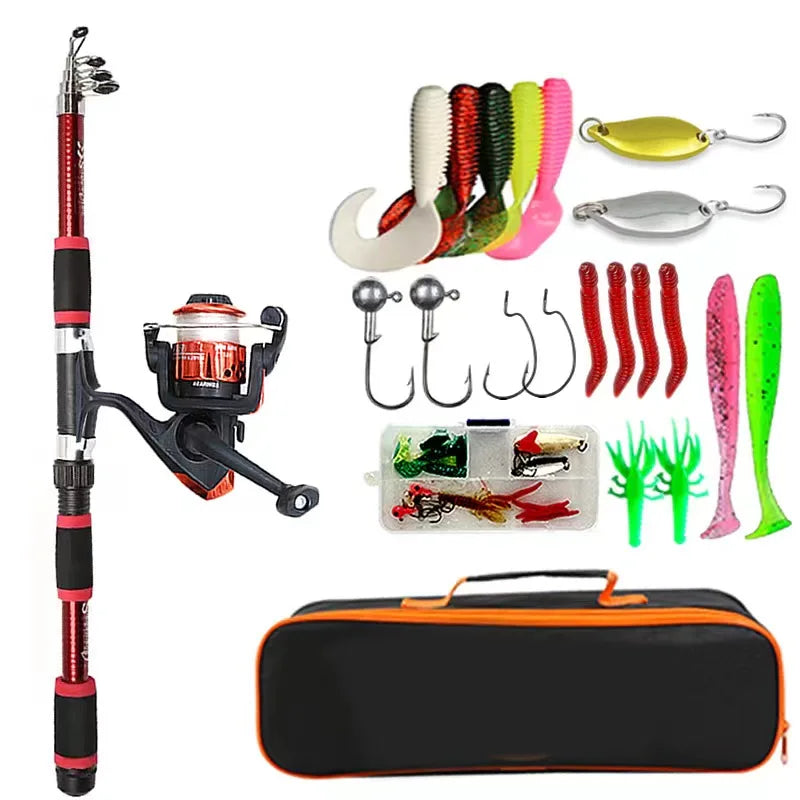 Fishing Pole Set With Telescopic Fishing Rod And Spinning Reel Baits Hooks Travel Pole Set