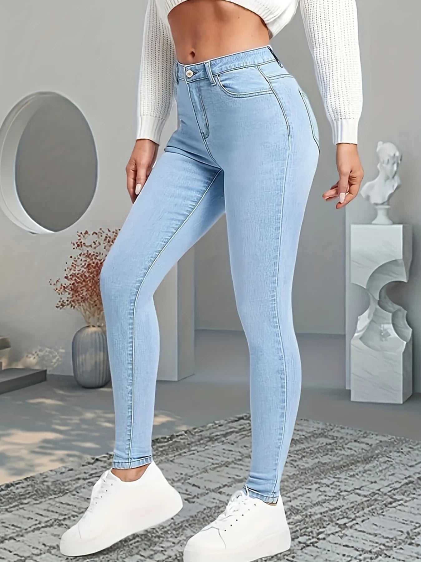 Women's High Waisted Elastic Slim Fit Jeans Slanted Pockets Washed Blue