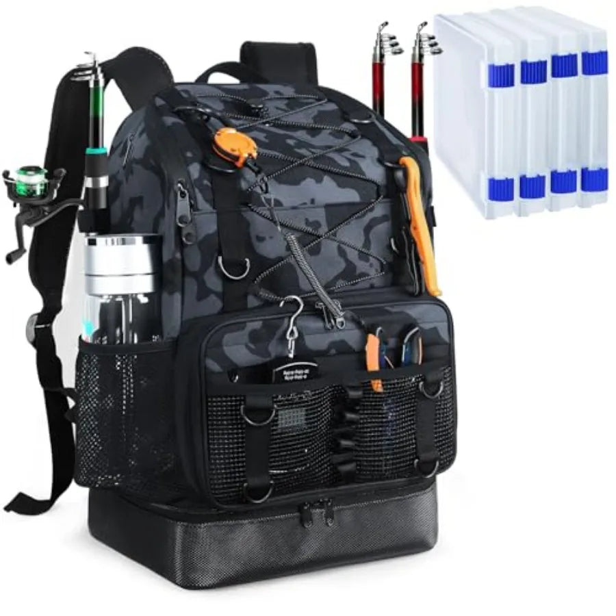 Fishing Backpack with 4 Tackle Boxes, Heavy Duty Fishing Bag with Waterproof Bottom, Tackle Backpack