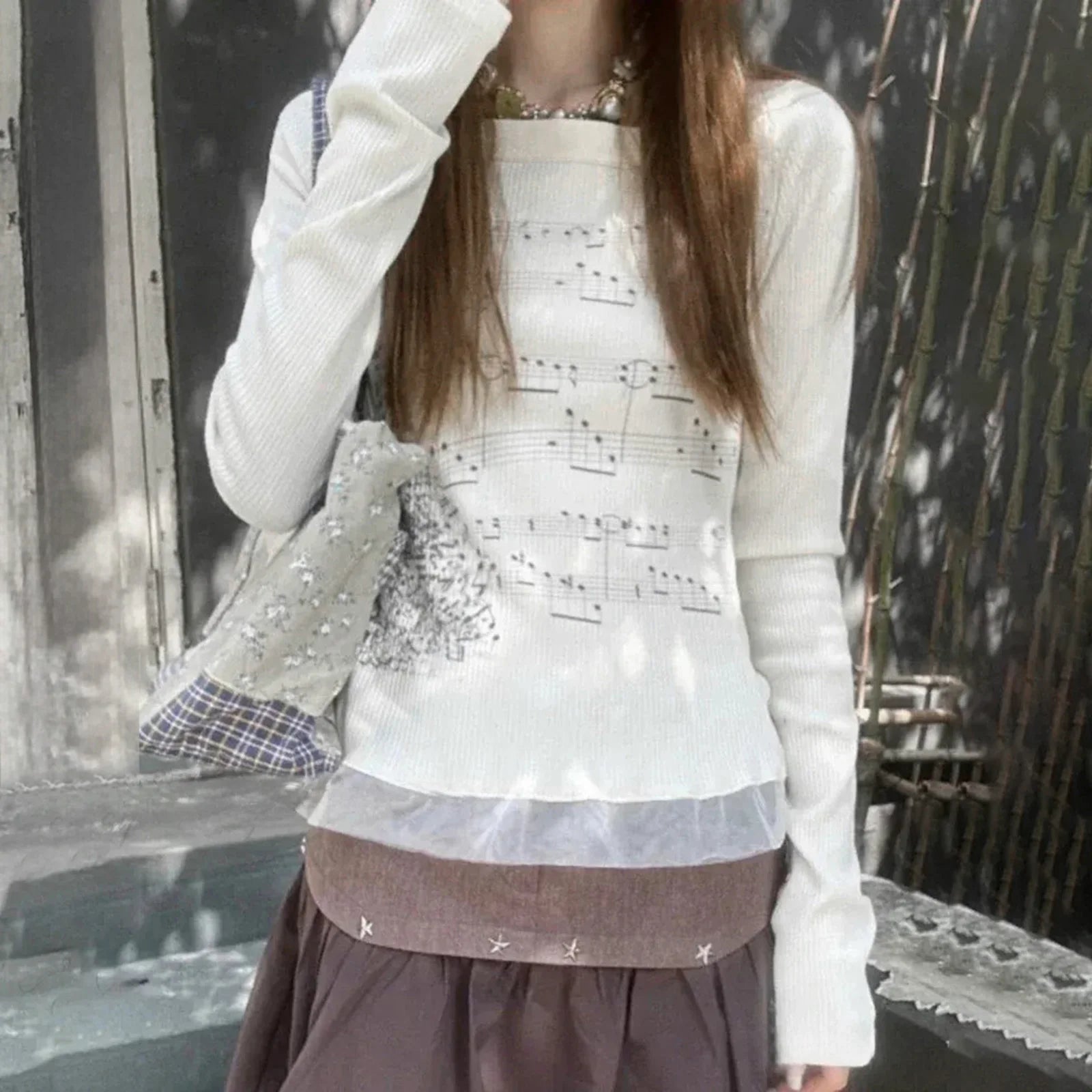 Women T-shirt Long Sleeve Boat Neck Music Note Print Patchwork Slim Fit Ladies