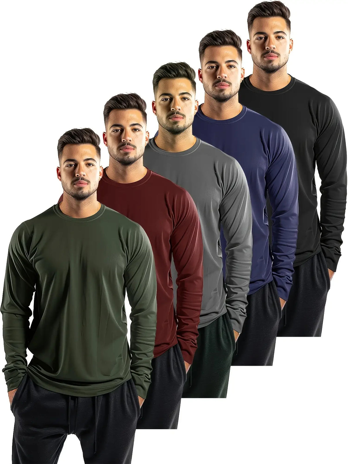 5-piece men's solid color round neck long sleeved T-shirt, versatile design, comfortable