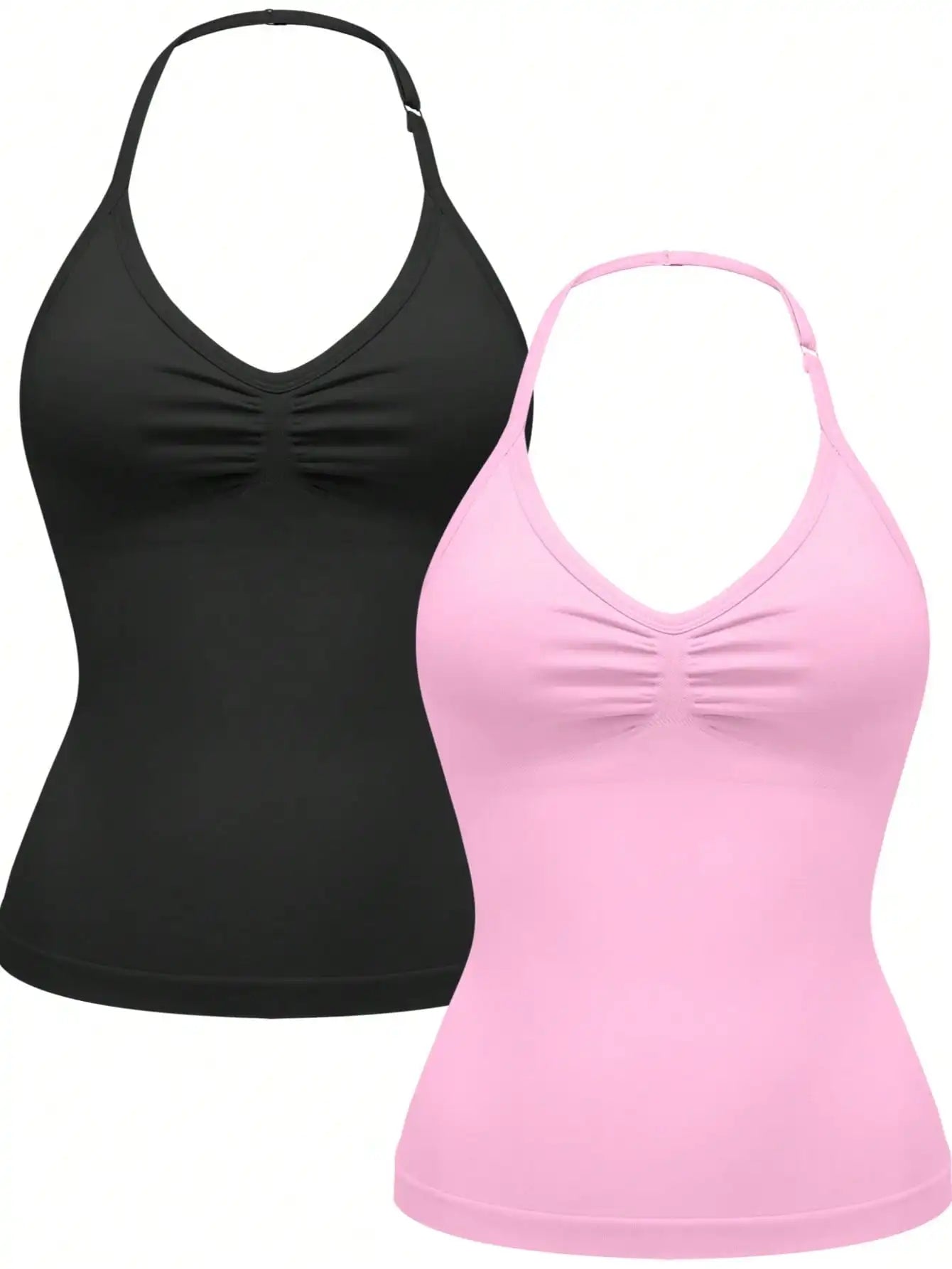 Women's Halter Neck Ruched Yoga Sports Bra Top with Removable Pads, Black & Pink