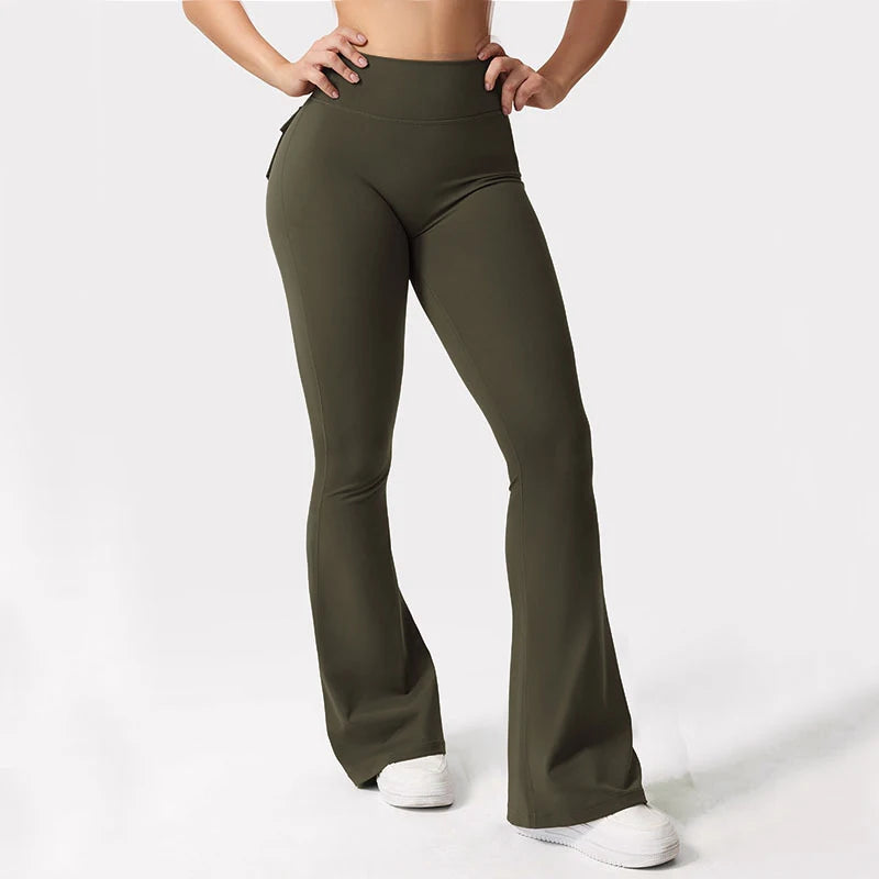 Women's Yoga Flare Trousers, High-Waisted Tummy-Control Wide-Leg Trousers Outdoor with Pockets