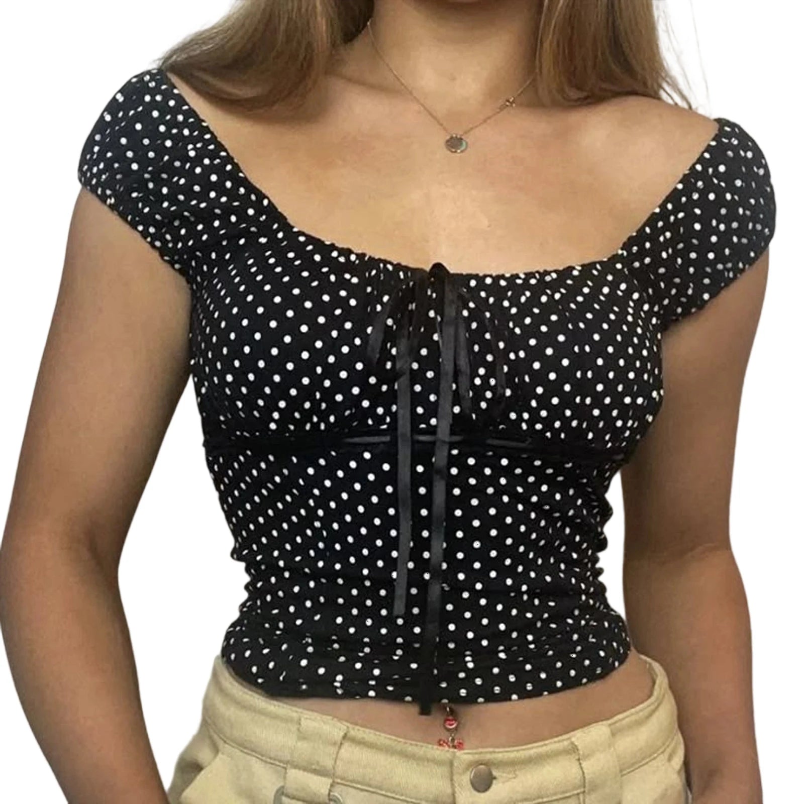 Women s Short Sleeve T-Shirts with Polka Dot Print and Tie-Up Front Detail Casual Summer Fashion Tops for a  Fit Look