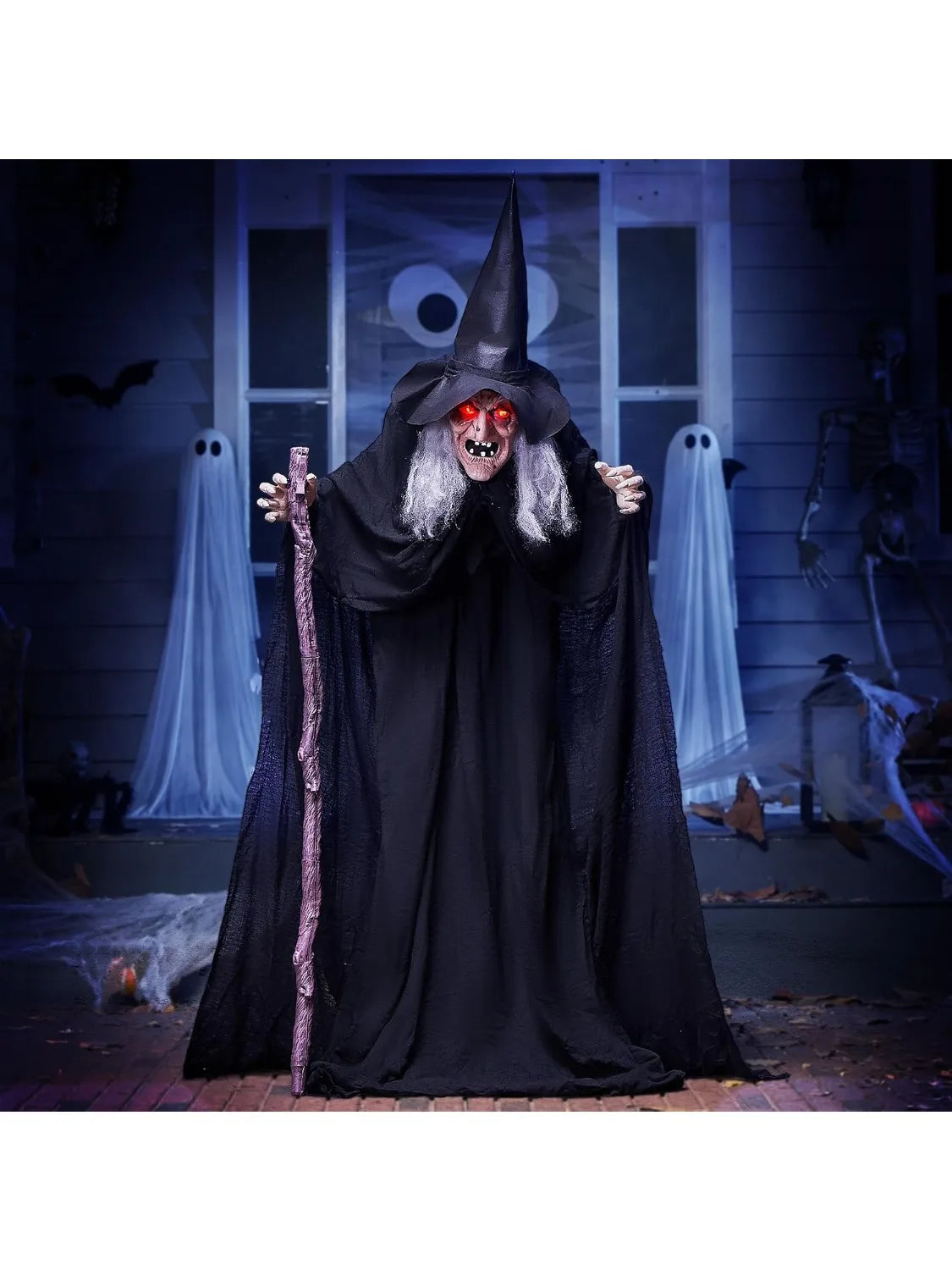 72" Animatronics Witch Outdoor Halloween Decorations with Cane Life Size with Creepy Sound and Light-up Eyes, Party Supplies