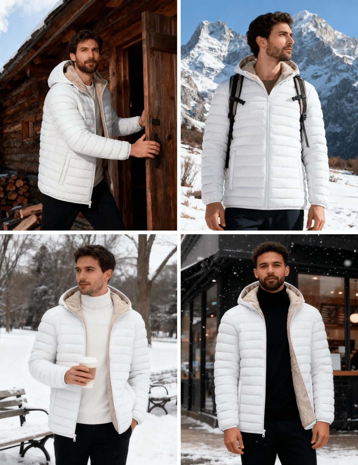 Men's Hooded Puffer Jacket Sherpa Lined Winter Coat Warm Insulated Windproof Water Resistant Full Zip Outdoor Hiking Casual Jacket