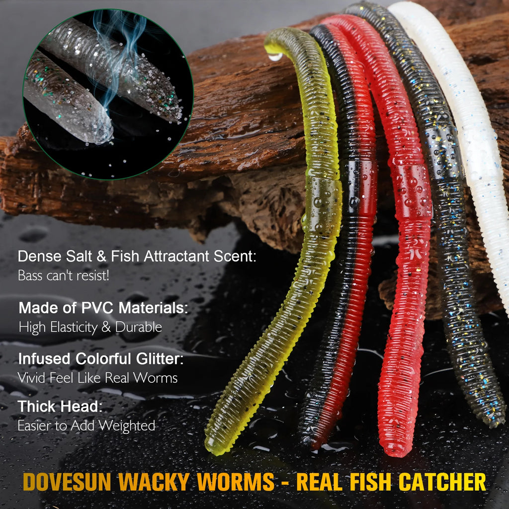 Dovesun 50PCS Wacky Worm for Bass Trout Fishing Worms Kit with Soft Plastic Baits