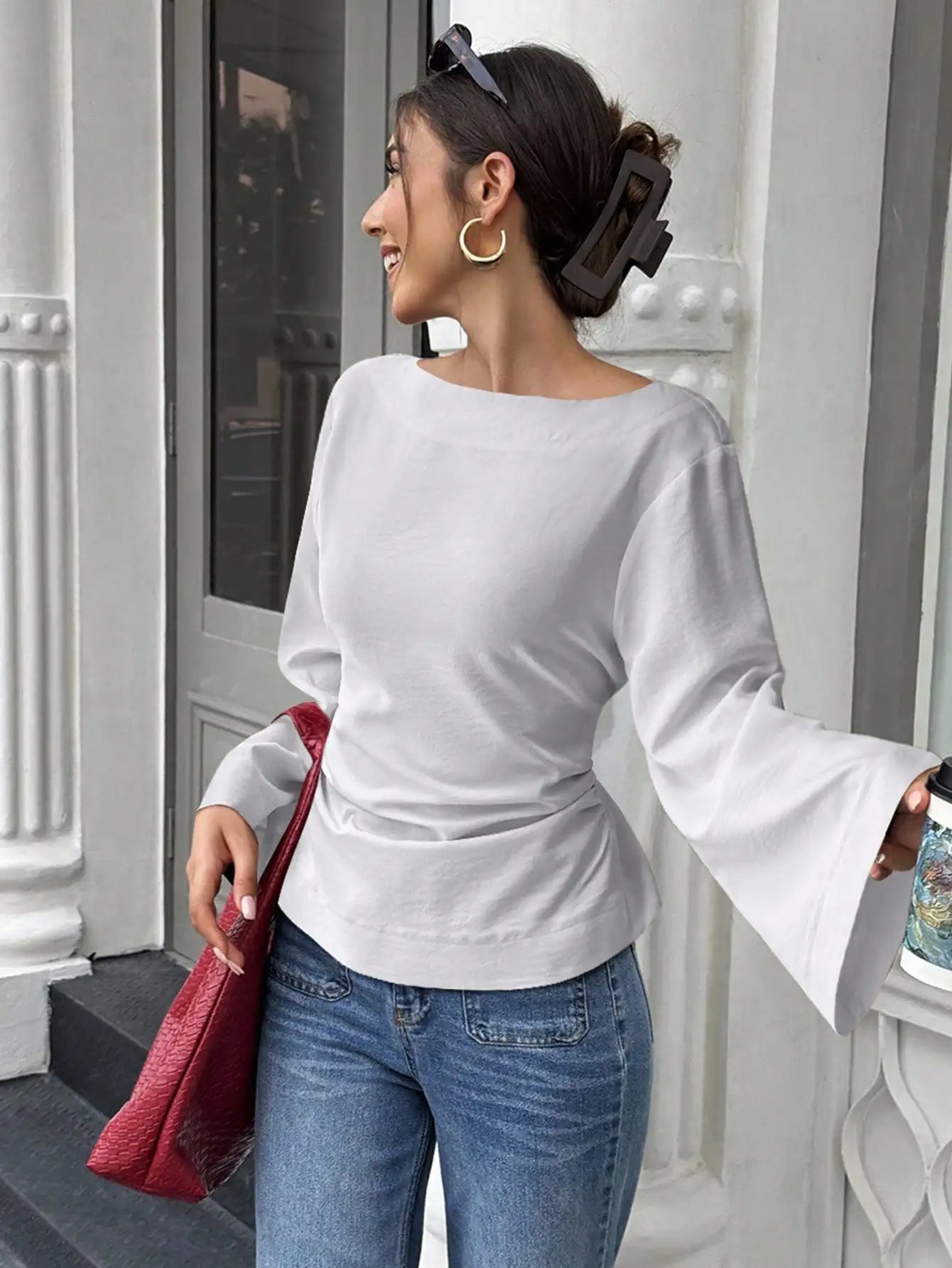 Women's Solid Black Waist-Cinched Flare Sleeve Blouse for Autumn