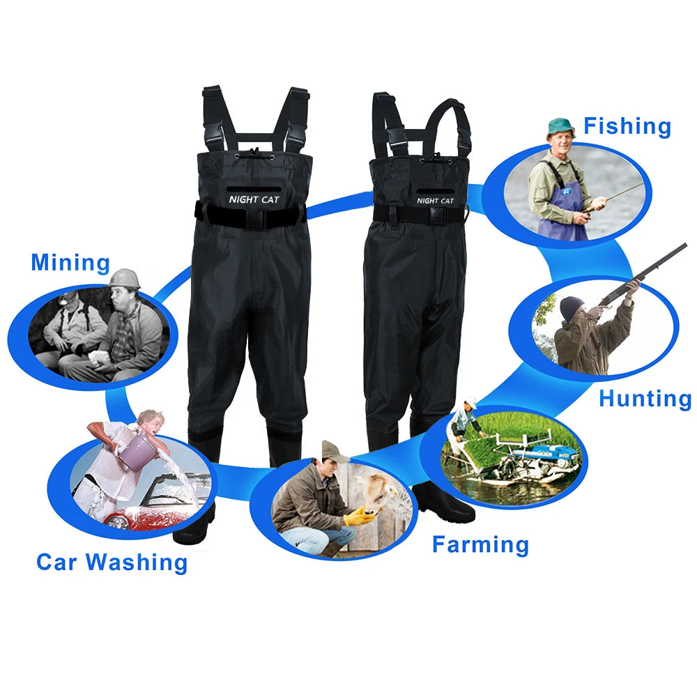 Men Women Waterproof Nylon PVC Waders Heavy Duty Chest Waders with Boots for Fishing Hunting Farm Work Anti-Slip Sole Adjustable