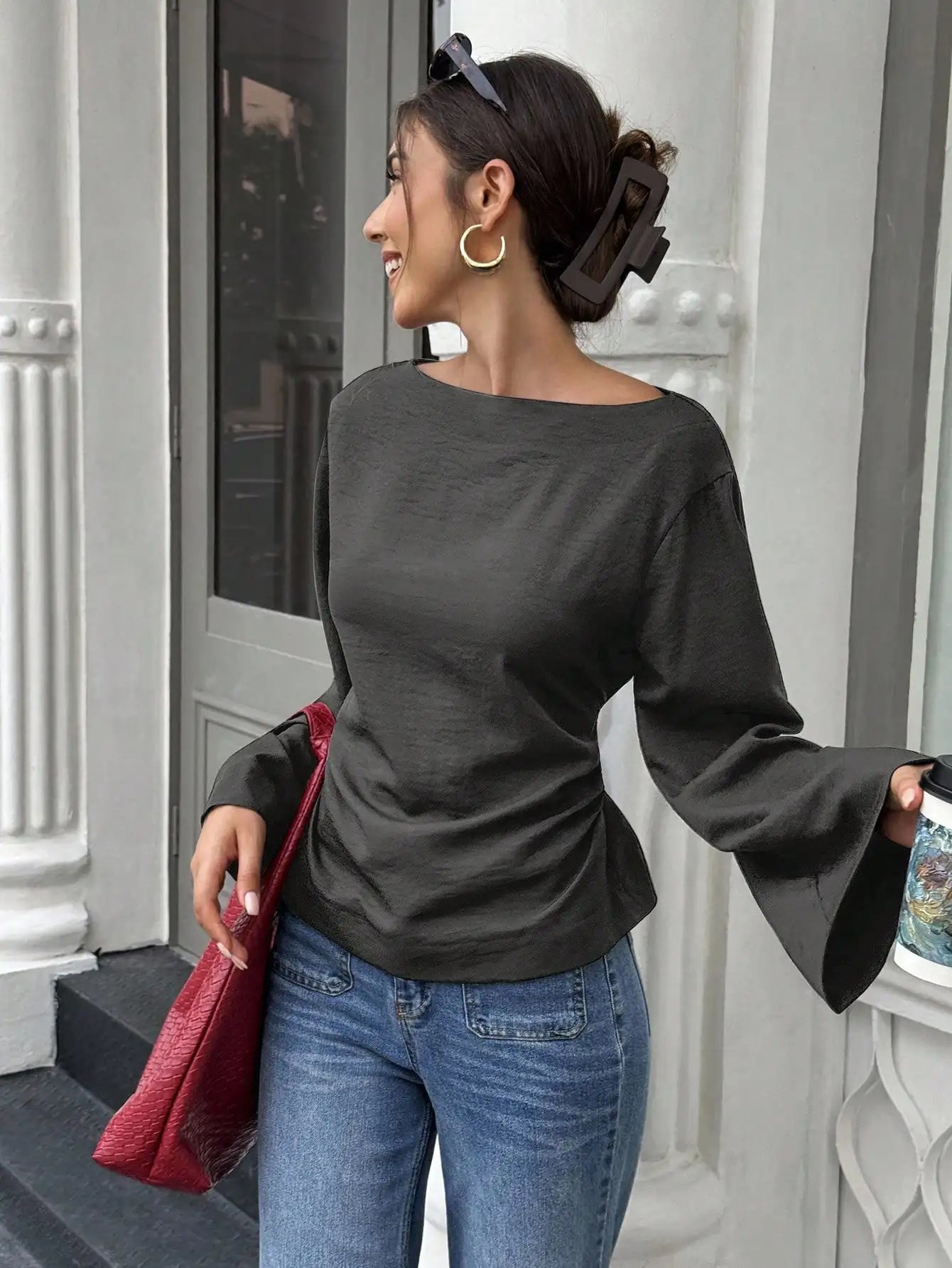 Women's Solid Black Waist-Cinched Flare Sleeve Blouse for Autumn