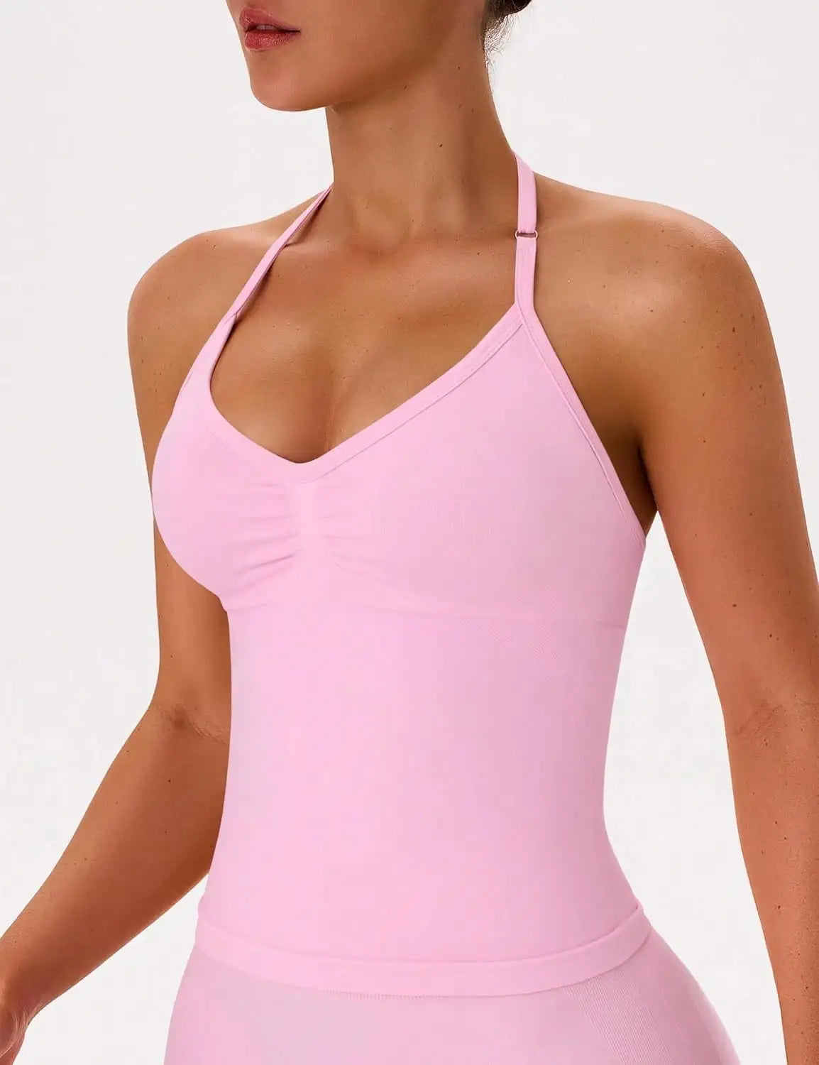 Women's Halter Neck Ruched Yoga Sports Bra Top with Removable Pads, Black & Pink