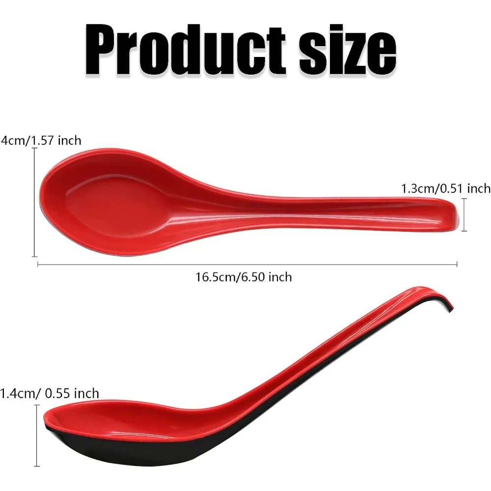 2PCS Wonton Soup Spoons, Chinese Japanese Miso Ramen Dumpling Pho Rice Noodle Soba Soup Spoons, Red and Black Melamine Spoons