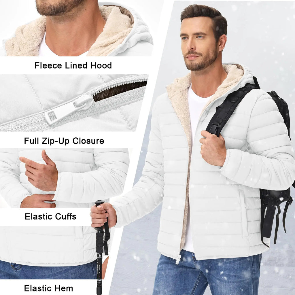 Men's Hooded Puffer Jacket Sherpa Lined Winter Coat Warm Insulated Windproof Water Resistant Full Zip Outdoor Hiking Casual Jacket