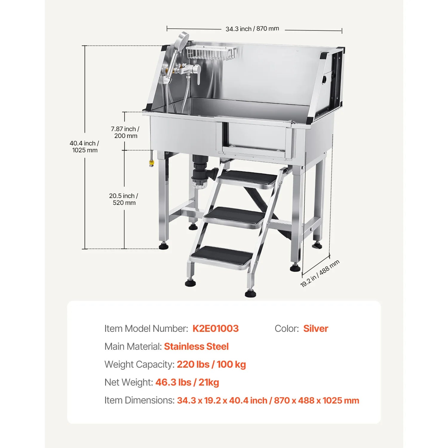 SucceBuy Stainless Steel Dog 34inch Pet Grooming Tub w/ Storage Stairs Faucet&Showerhead&Soap